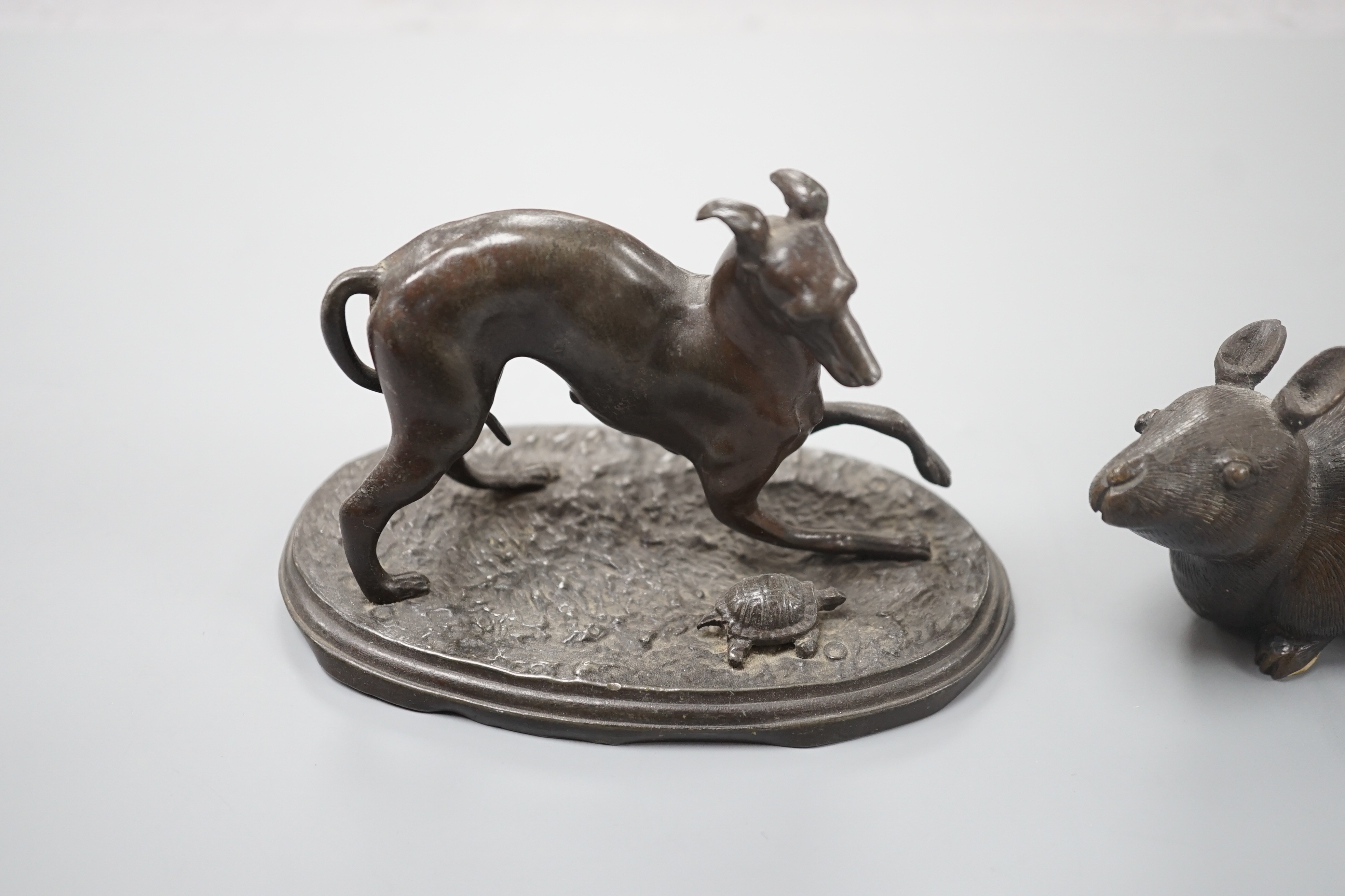 A bronze figure of a mouse and an Animalier group of a playful dog and tortoise, mouse 11cms wide.